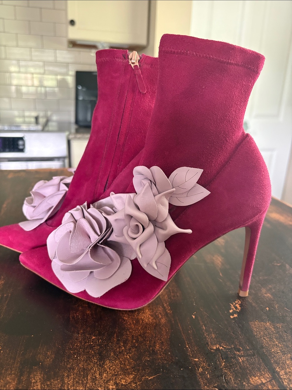 Sophia Webster Magenta Suede Floral Appliqué Stiletto Ankle Boots